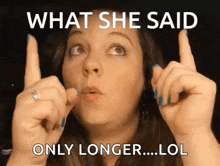 a woman with a ring on her finger is making a funny face and says what she said only longer lol .