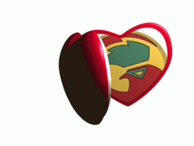 a red and white heart shaped object with a green and yellow logo on it