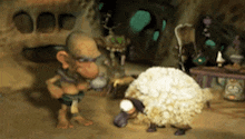 a cartoon of a man standing next to a sheep in front of a cave
