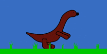 a cartoon drawing of a dinosaur running through the grass