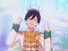 a cartoon character is wearing a crown on his head and making a funny face .