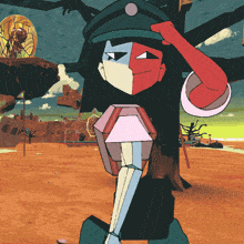 a cartoon character with a red white and blue face saluting
