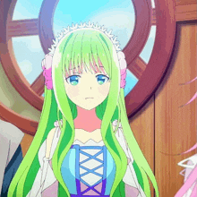 a girl with green hair is wearing a white dress with a blue lace up front
