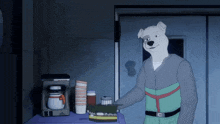 a cartoon dog standing next to a coffee maker