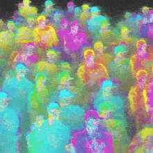 a painting of a crowd of people with one wearing a t-shirt that says ' a ' on it