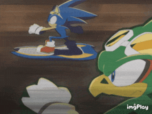 a cartoon of sonic the hedgehog riding a jet ski next to a green eagle