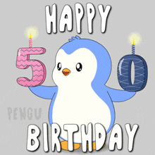 a happy birthday card with a penguin holding a pink number 5