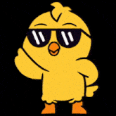 a cartoon chicken wearing sunglasses and waving his hand
