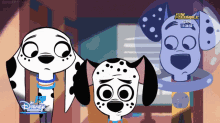 three dalmatian dogs standing next to each other with a disney logo on the bottom