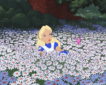 alice in wonderland is laying in a field of flowers