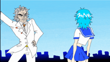 a cartoon drawing of a man in a white suit standing next to a girl with blue hair