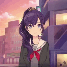 a girl with purple hair and blue eyes is wearing a sailor uniform
