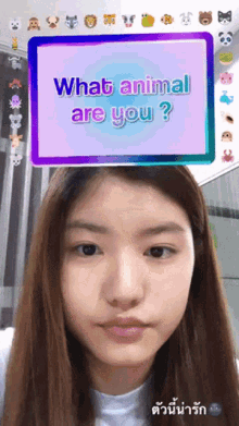 a girl is looking at a screen which says what animal are you