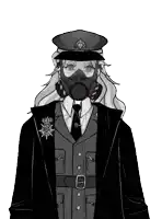 a black and white drawing of a woman in a gas mask