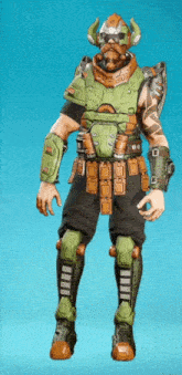 a man with a beard is wearing a green and orange armor