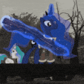 a drawing of a blue pony holding a blue sword