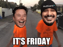 elon musk and a man wearing a beanie that says multivers