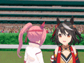 two anime girls are standing in front of a stadium full of people