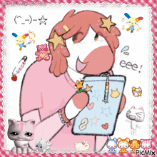a drawing of a girl holding a clipboard with the word eee written on it