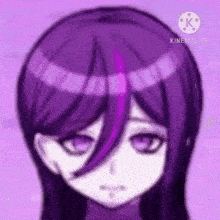 a close up of a purple haired anime girl with a purple stripe in her hair .