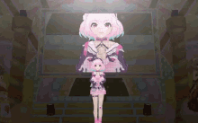 a girl with pink hair is standing in front of a large screen .