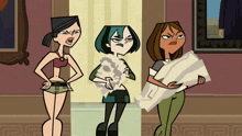 three cartoon characters are standing next to each other and one of them is holding a piece of paper