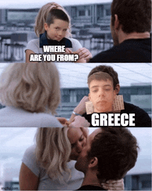 a man and woman kissing with the caption where are you from greece on the bottom