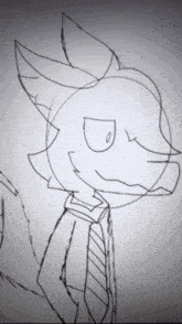 a black and white drawing of a fox with a tie
