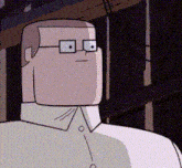 a cartoon character with glasses and a white shirt