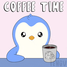 a penguin holding a cup of coffee with the words coffee time behind it