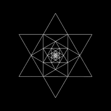 a black background with a white circle in the middle surrounded by triangles .