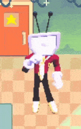 a cartoon character with a television head and antennas is standing in a room .