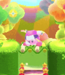 a pink and white cartoon character is sitting on a green fence surrounded by flowers