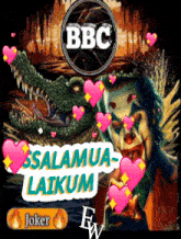 a poster for bbc shows a crocodile and a clown with hearts around them