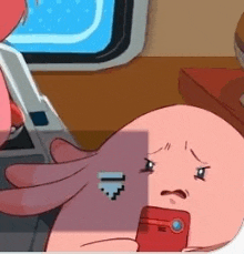 a pink cartoon character is holding a cell phone in his hand .