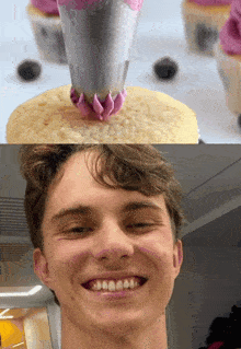 a close up of a cupcake with purple frosting next to a man 's face