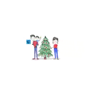a cartoon of a family decorating a christmas tree with the words natal de todas as familias in red