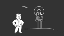 a black and white drawing of a man standing in front of a shield with a heart on it
