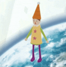 a cartoon character wearing a yellow top and orange hat