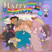 a poster that says happy pride month with a group of people kissing
