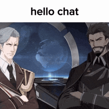 two men are standing next to each other with the words hello chat written above them