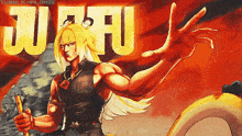 a cartoon of a man holding a sword with the word jufu on the bottom right