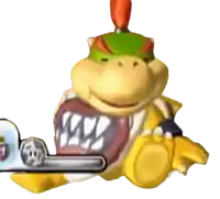 a cartoon character holding a chainsaw with a large mouth