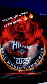 a logo for the hell music community shows a skull and flames