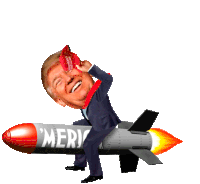 a cartoon of donald trump riding a rocket with the word merica on it