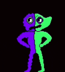 a purple and green cartoon character is standing next to each other .