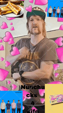 a man with a beard is surrounded by pink hearts and the words nunchu cks 4 life