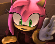 a close up of a cartoon character with pink hair