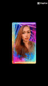 a woman 's face is displayed in a colorful frame with a capcut logo in the corner
