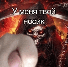 a grim reaper with a scythe and a skull on his head is pointing at a person .